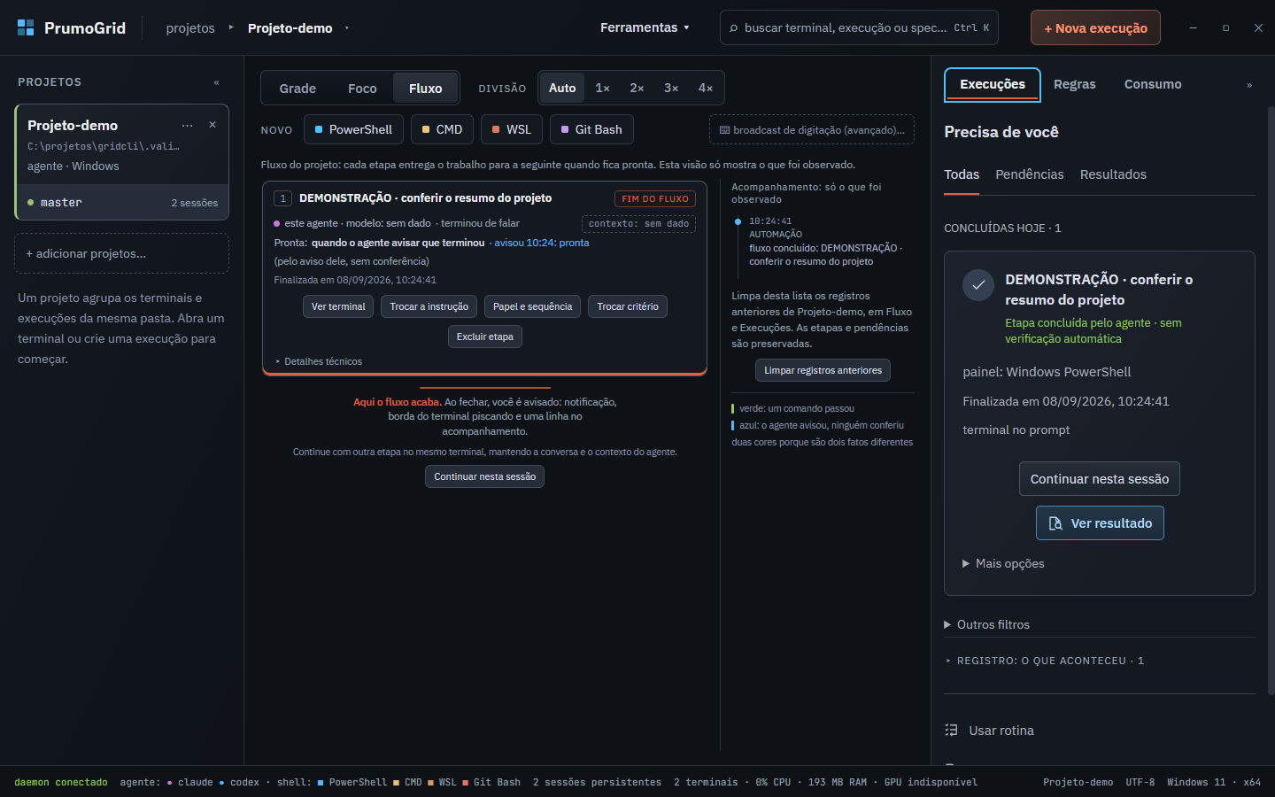 PrumoGrid workflow with a completed step and its result