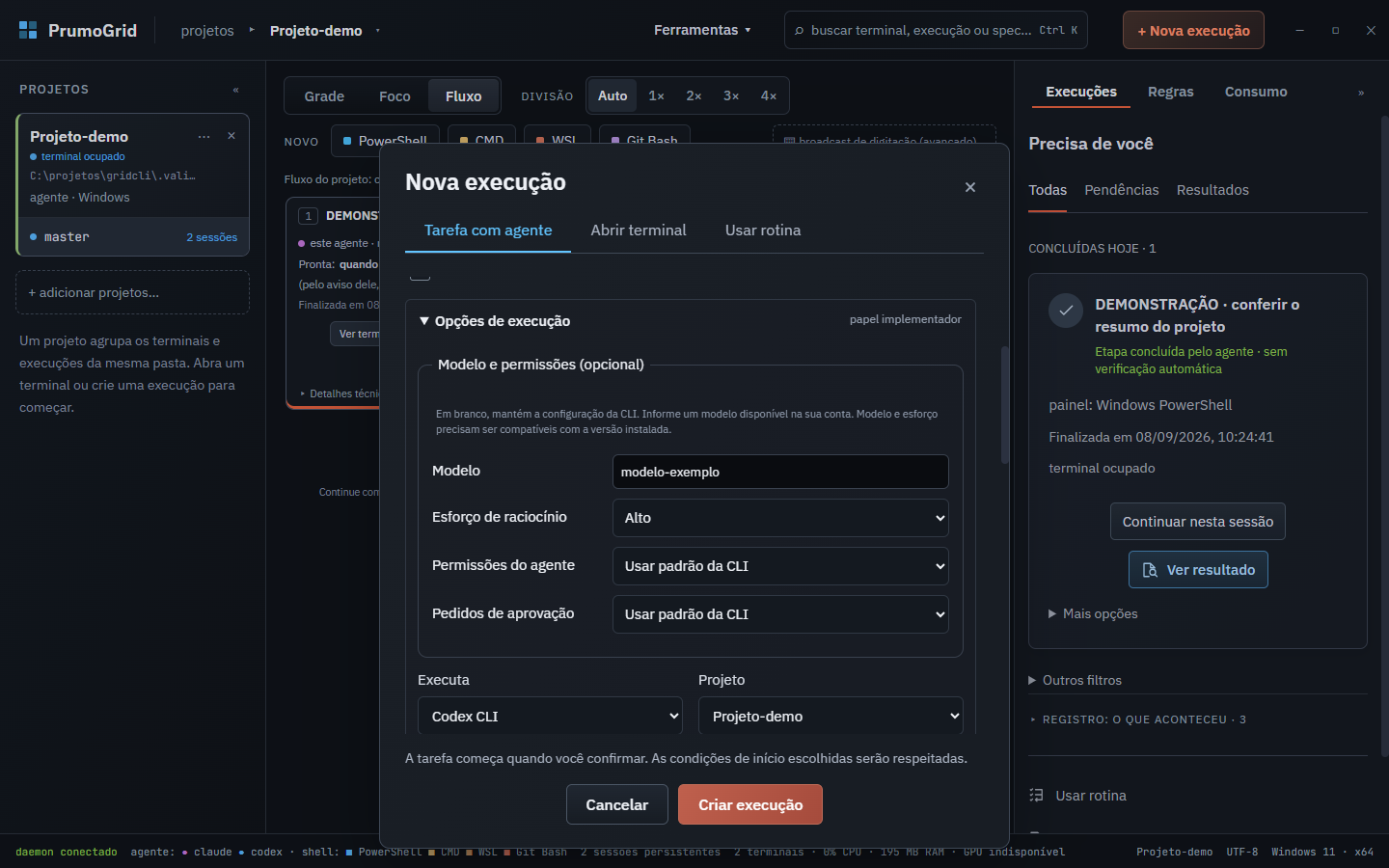 Codex execution options showing model, effort and CLI permissions.