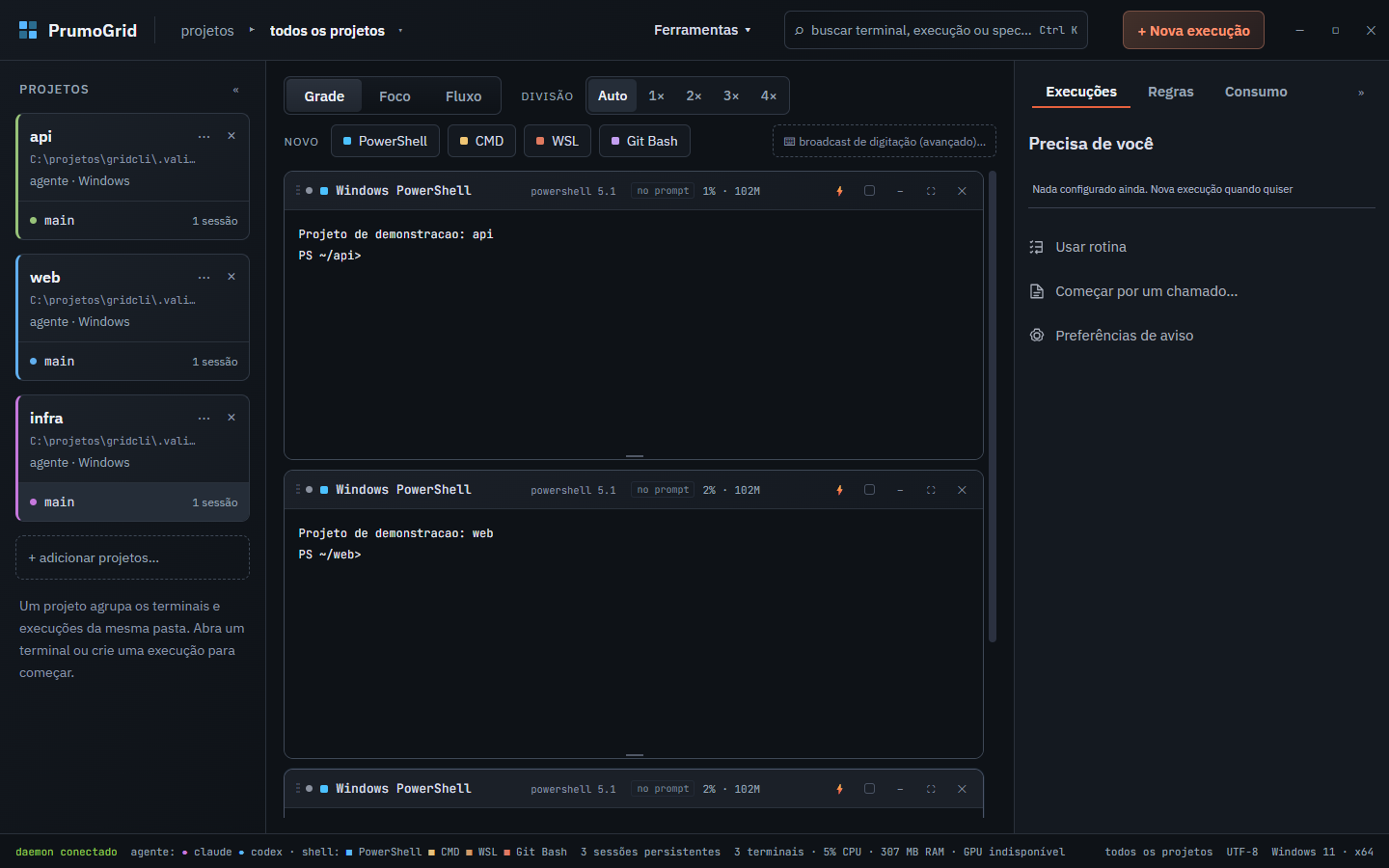PrumoGrid with api, web and infra projects and their terminals